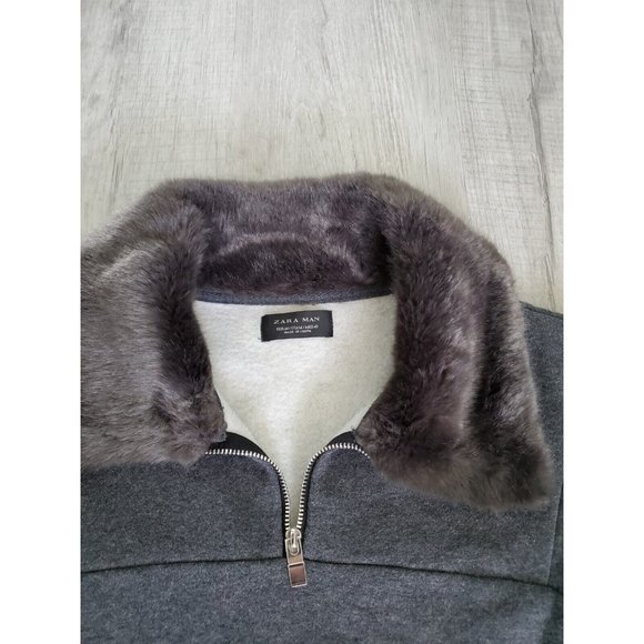 Zara Mens M Sweater Pullover sweatshirt Quarter zip Fleece Neck faux fur - Picture 2 of 8